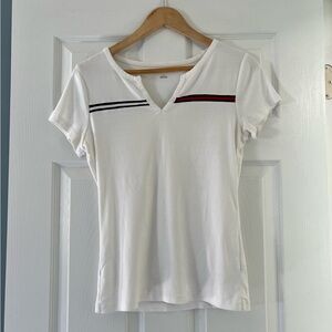 Tommy Hilfiger White V-Neck Top with Red and Black Stripes